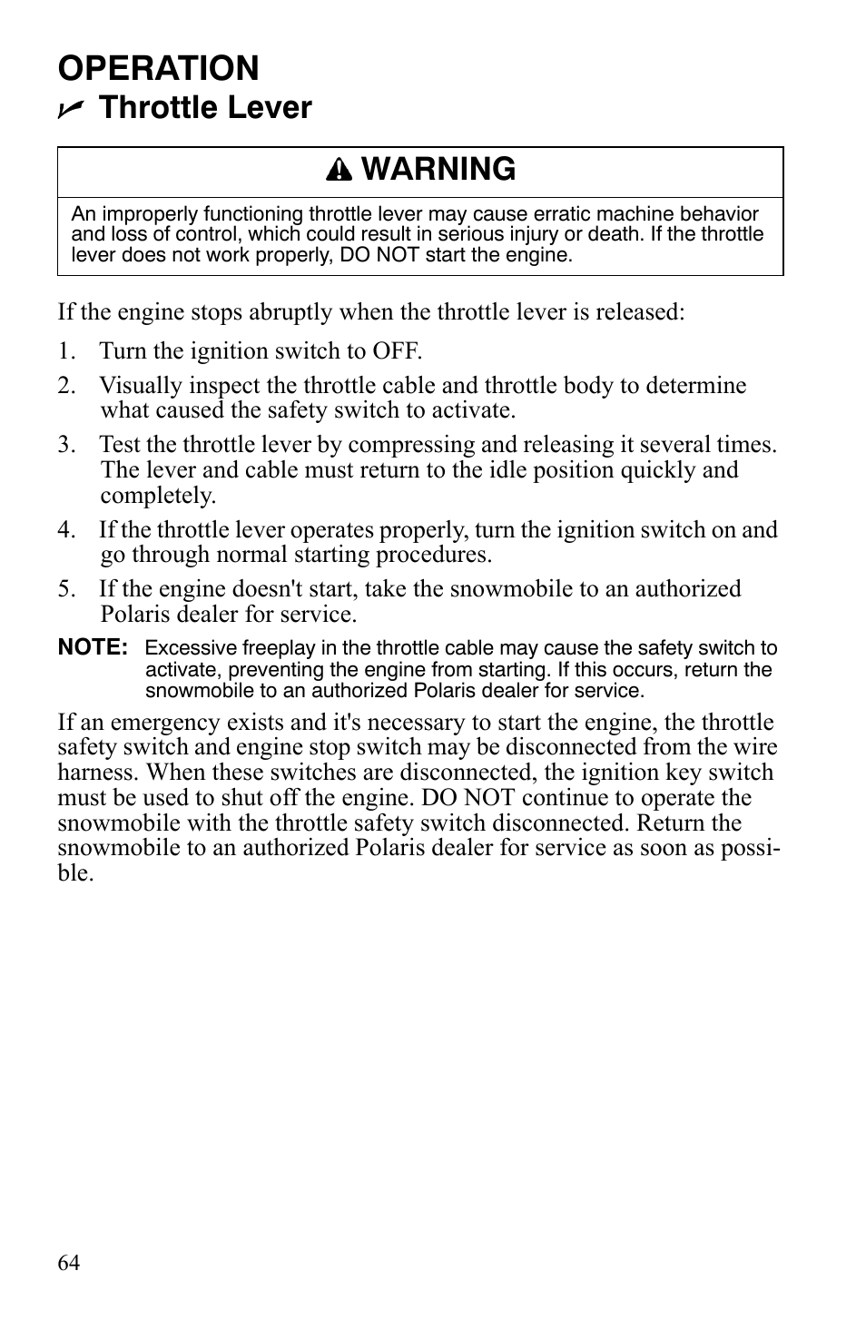 Operation, Throttle lever, Warning | Polaris 600 HO RMK 155 User Manual | Page 67 / 135