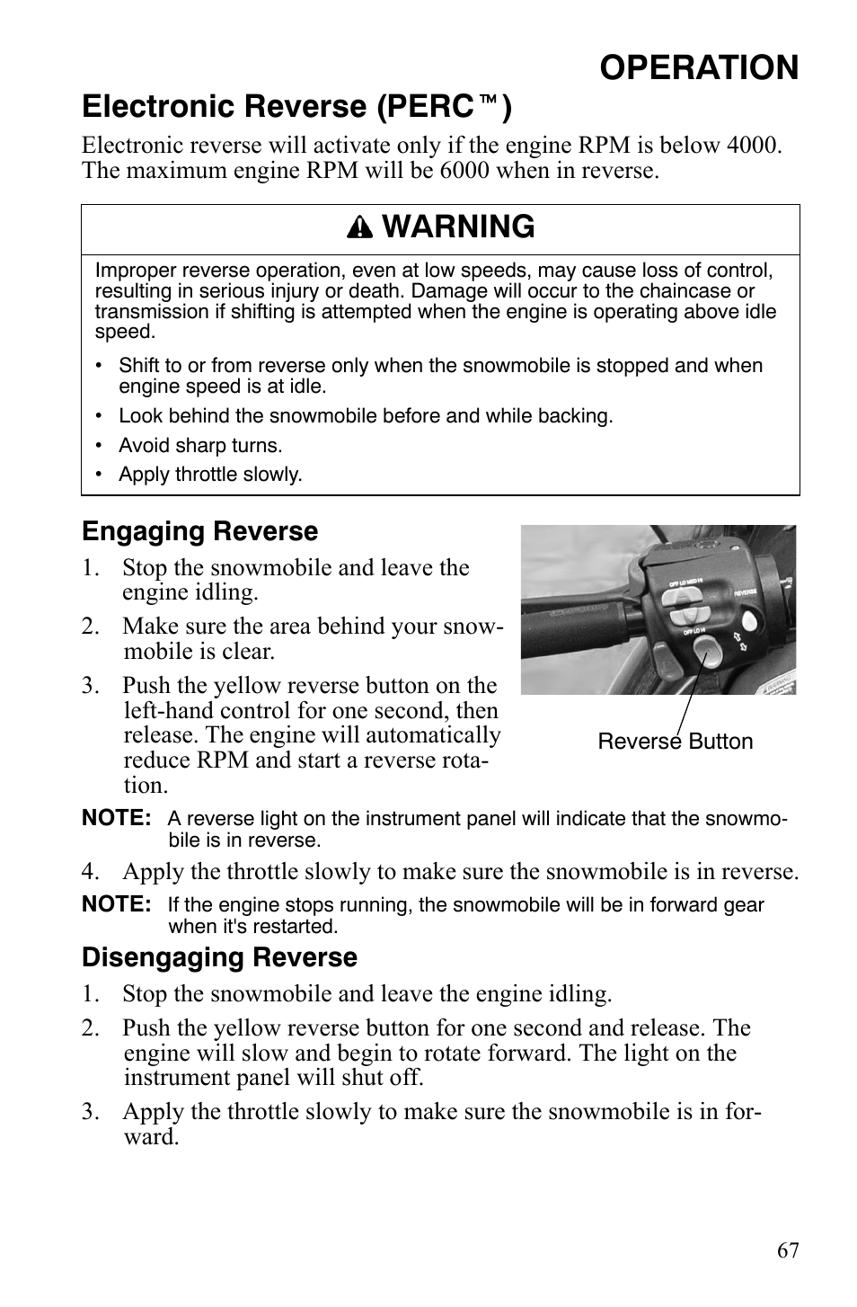 Operation, Electronic reverse (perc t ), Warning | Engaging reverse, Disengaging reverse | Polaris 600 HO RMK 155 User Manual | Page 70 / 135