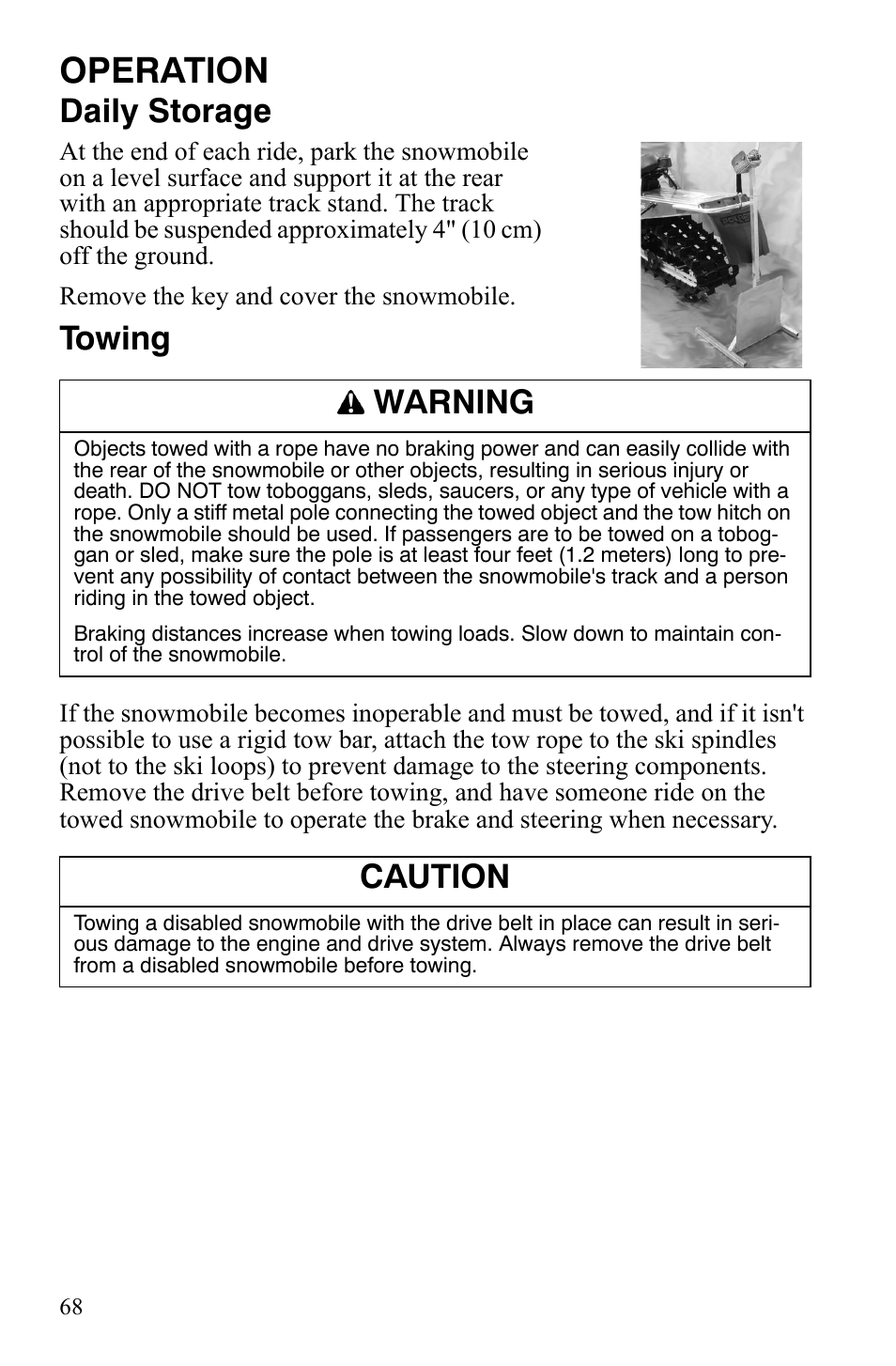 Operation, Daily storage, Towing | Warning, Caution | Polaris 600 HO RMK 155 User Manual | Page 71 / 135