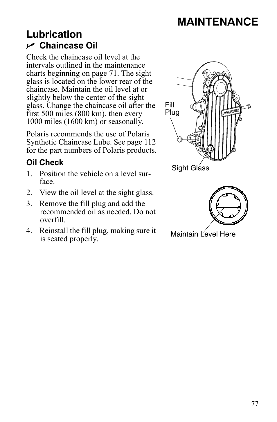 Maintenance, Lubrication | Polaris 600 HO RMK 155 User Manual | Page 80 / 135