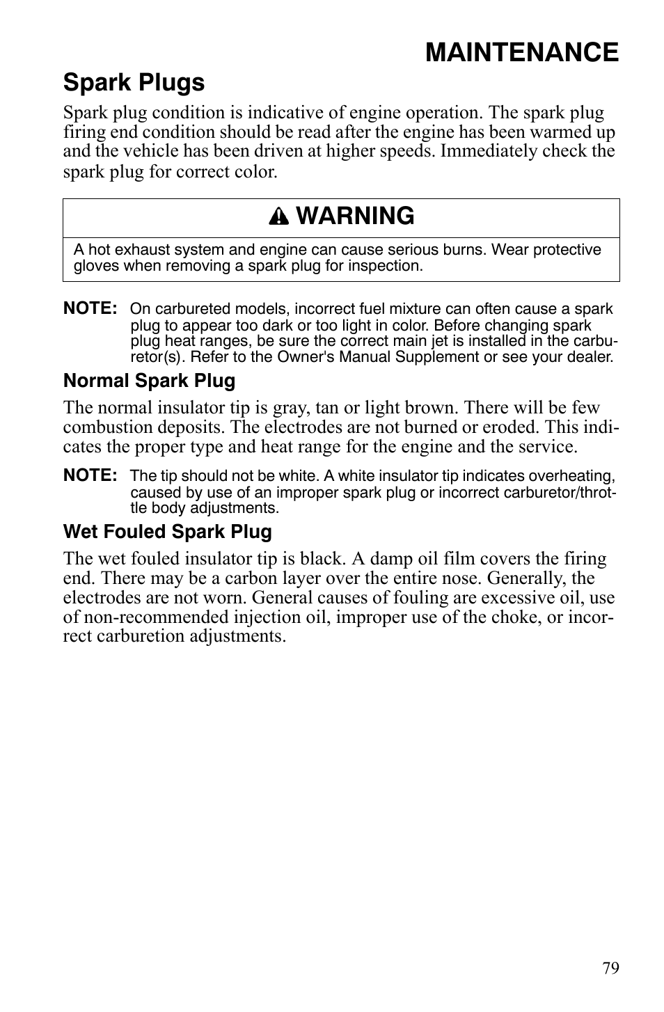 Maintenance, Spark plugs, Warning | Polaris 600 HO RMK 155 User Manual | Page 82 / 135