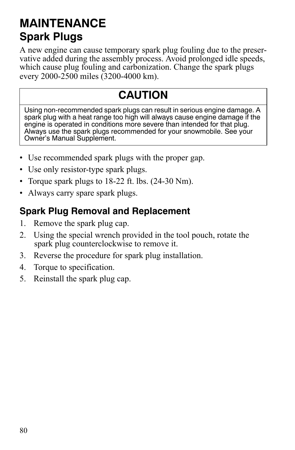 Maintenance, Spark plugs, Caution | Polaris 600 HO RMK 155 User Manual | Page 83 / 135