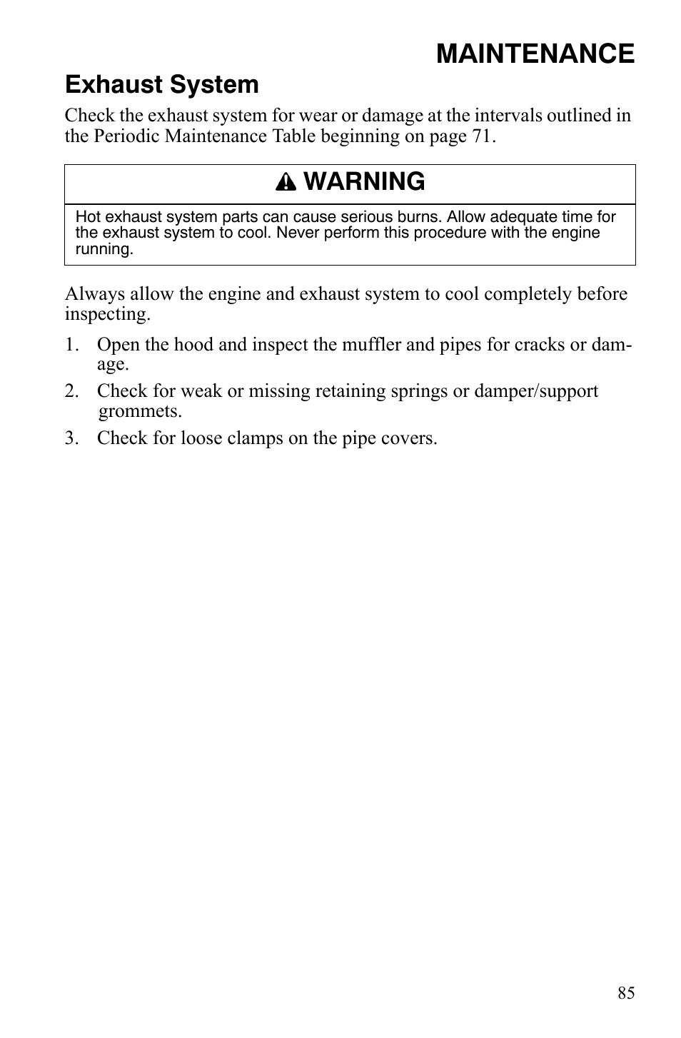 Maintenance, Exhaust system, Warning | Polaris 600 HO RMK 155 User Manual | Page 88 / 135