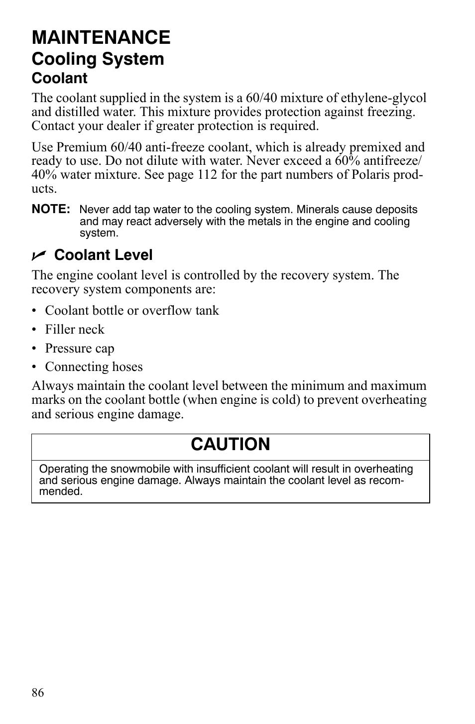 Maintenance, Cooling system, Caution | Polaris 600 HO RMK 155 User Manual | Page 89 / 135