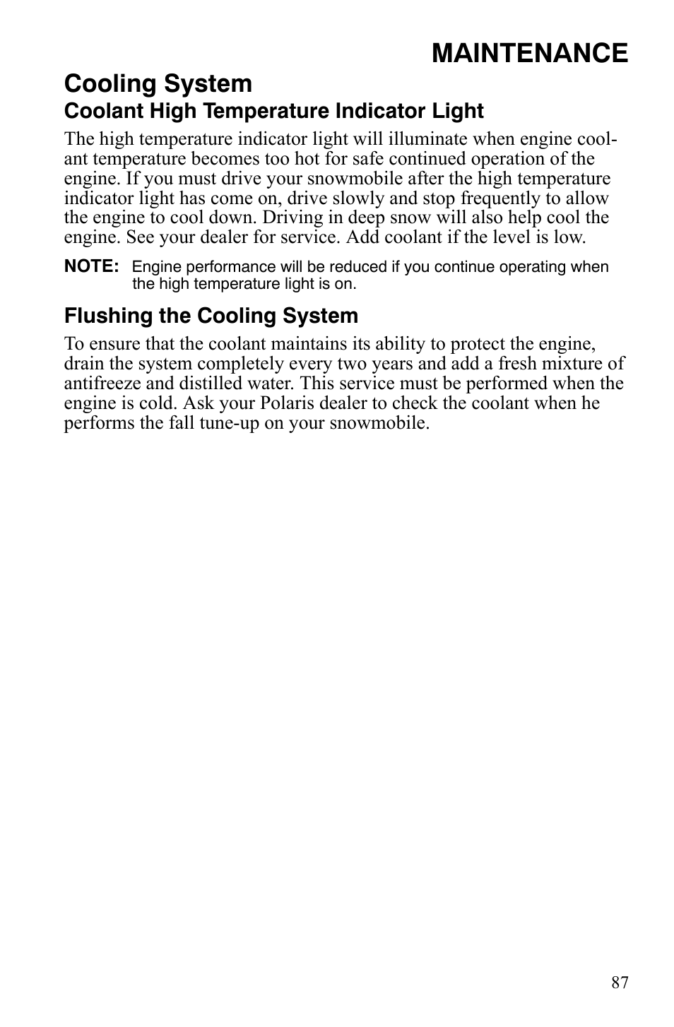 Maintenance, Cooling system | Polaris 600 HO RMK 155 User Manual | Page 90 / 135