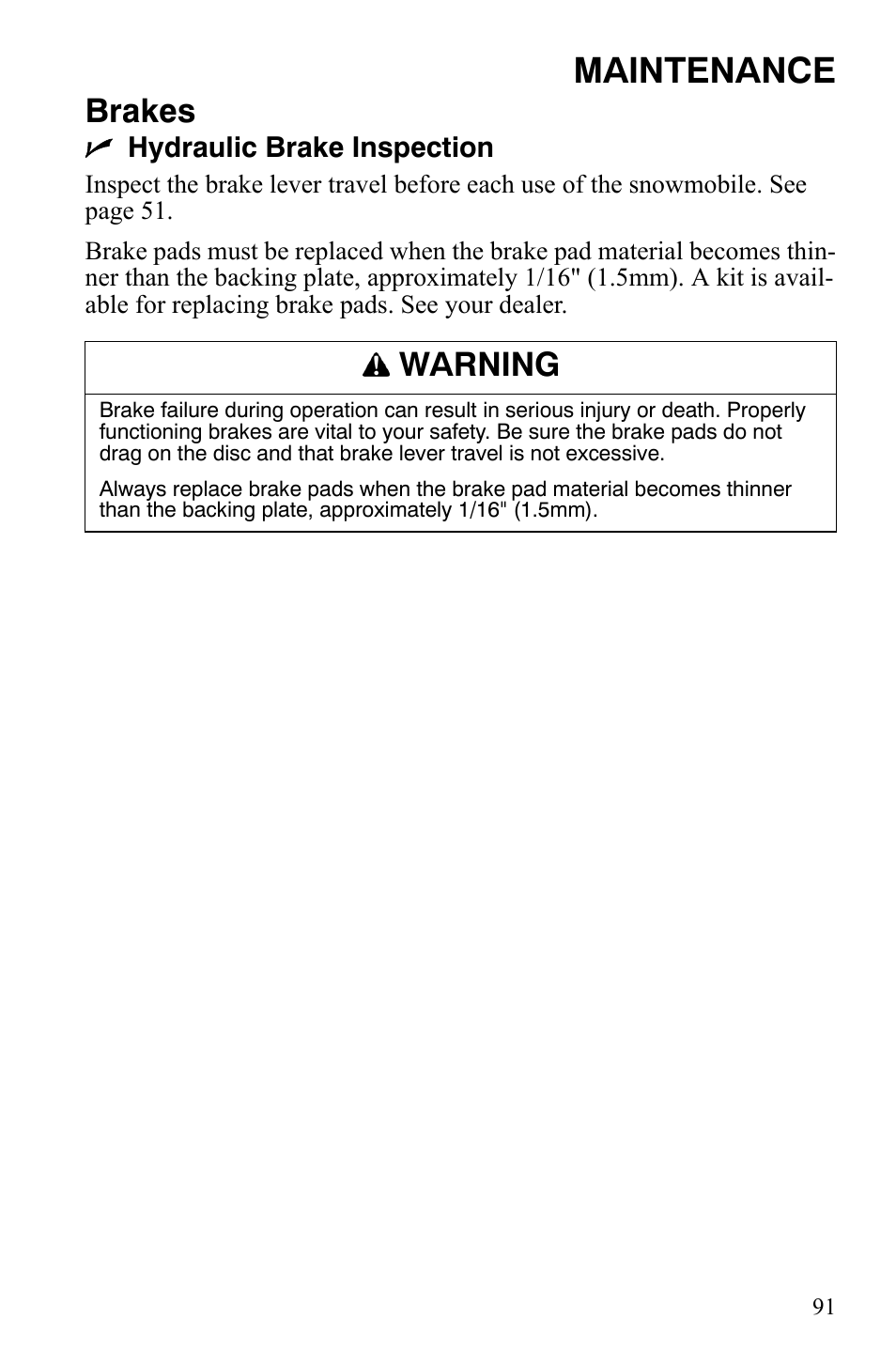 Maintenance, Brakes, Warning | Polaris 600 HO RMK 155 User Manual | Page 94 / 135
