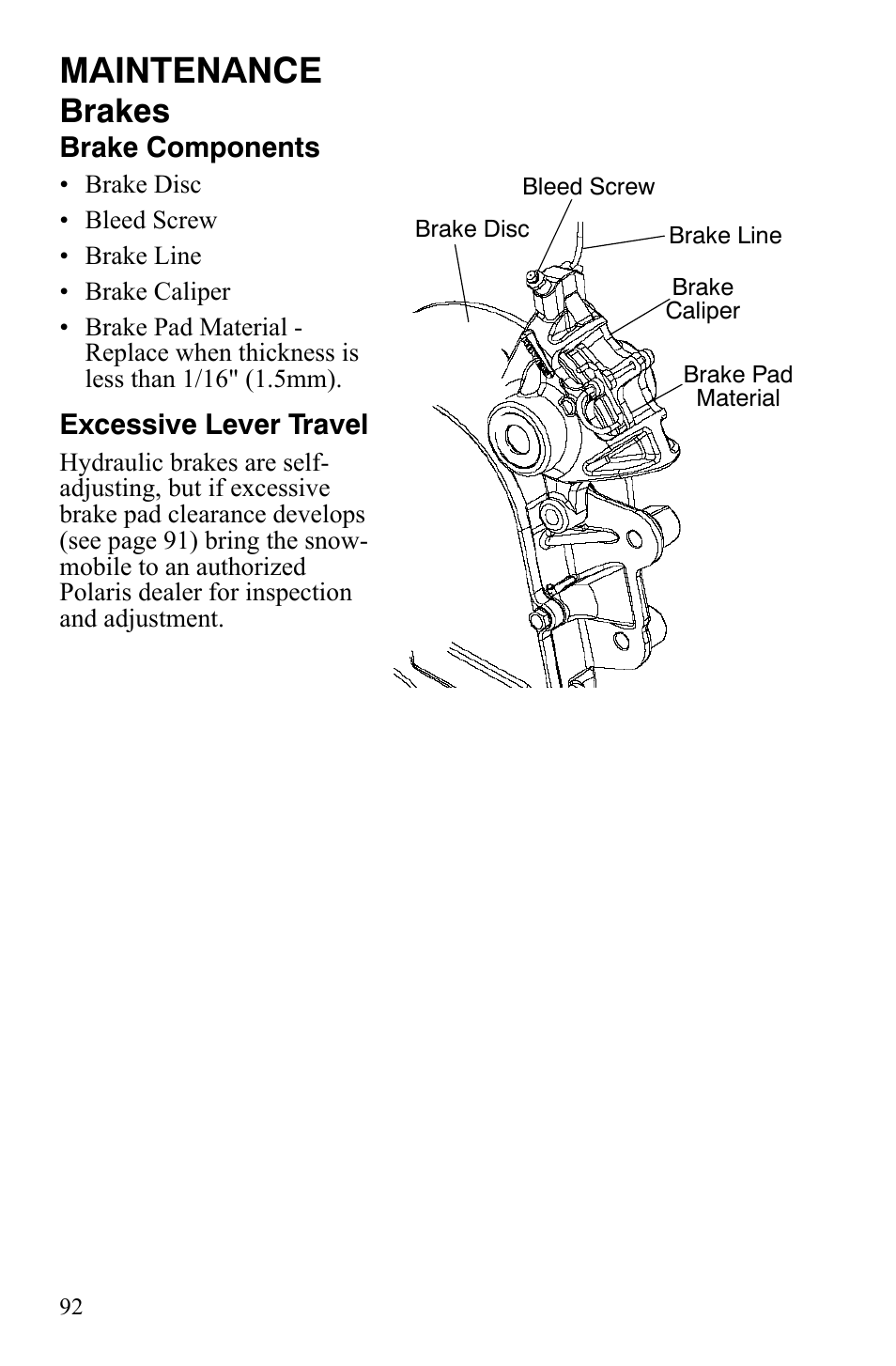 Maintenance, Brakes | Polaris 600 HO RMK 155 User Manual | Page 95 / 135