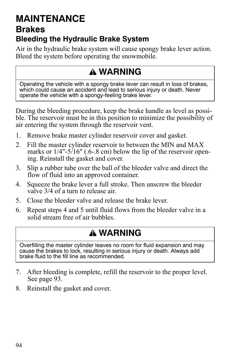 Maintenance, Brakes, Warning | Polaris 600 HO RMK 155 User Manual | Page 97 / 135