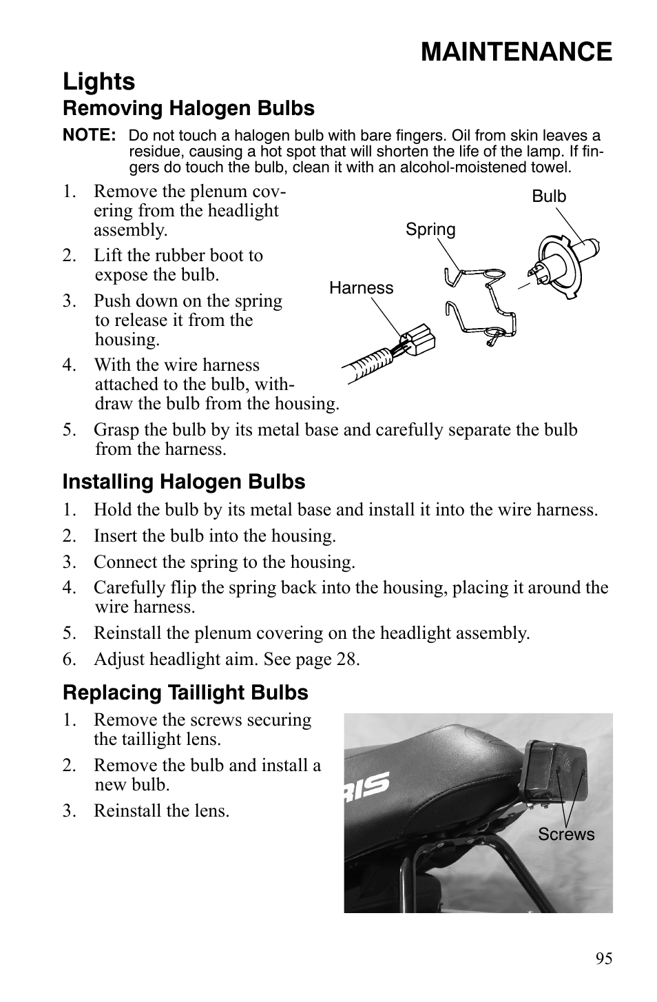 Maintenance, Lights | Polaris 600 HO RMK 155 User Manual | Page 98 / 135