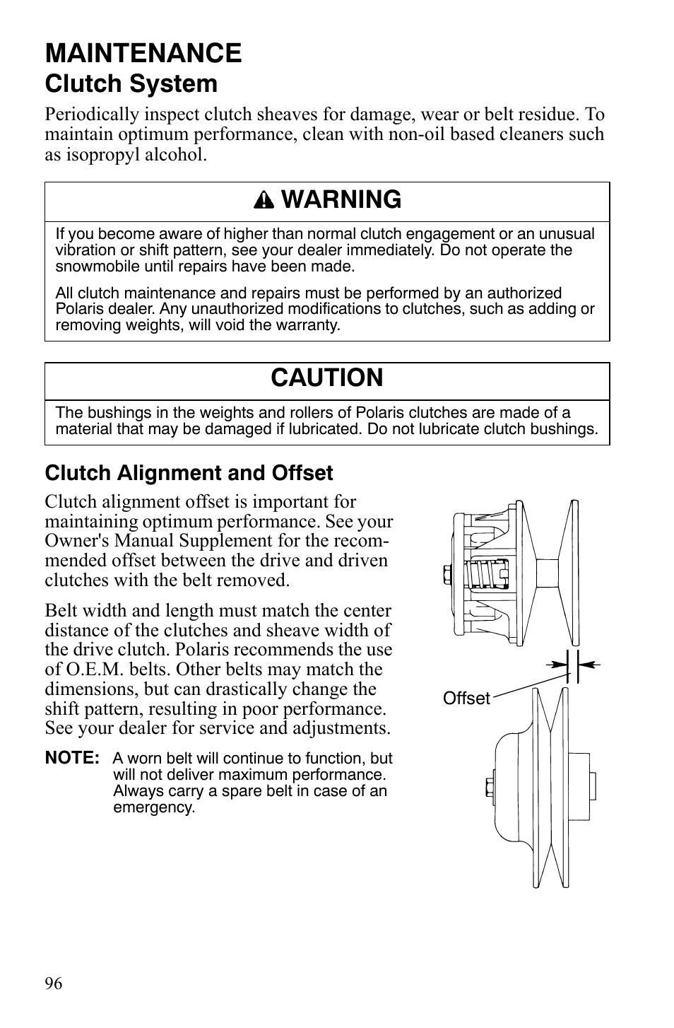 Maintenance, Clutch system, Warning | Caution, Clutch alignment and offset | Polaris 600 HO RMK 155 User Manual | Page 99 / 135