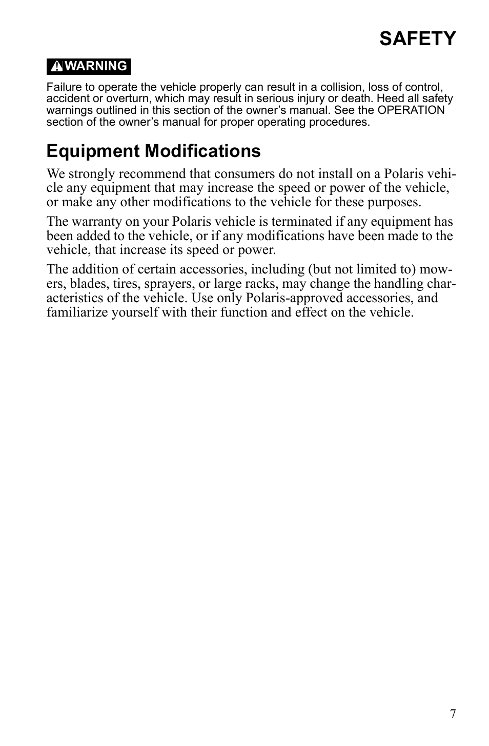 Safety, Equipment modifications | Polaris Scrambler 4X4 International User Manual | Page 10 / 118