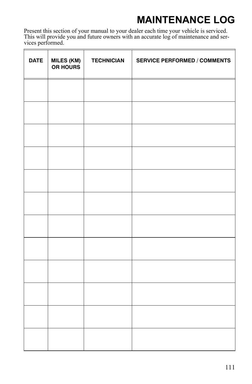 Maintenance log | Polaris Scrambler 4X4 International User Manual | Page 114 / 118