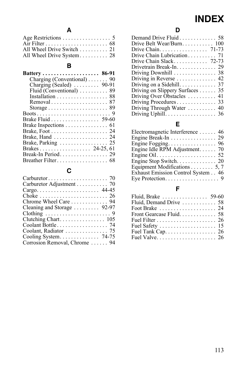 Index | Polaris Scrambler 4X4 International User Manual | Page 116 / 118