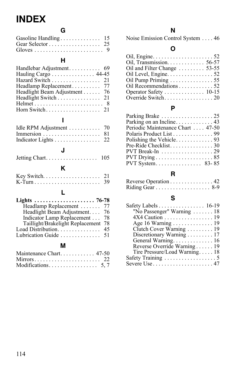 Index | Polaris Scrambler 4X4 International User Manual | Page 117 / 118