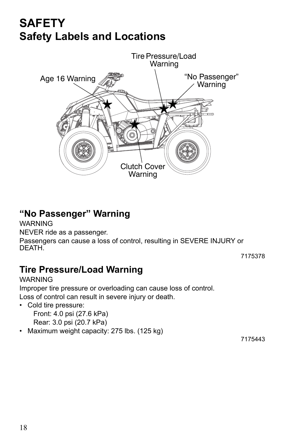 Safety, Safety labels and locations | Polaris Scrambler 4X4 International User Manual | Page 21 / 118