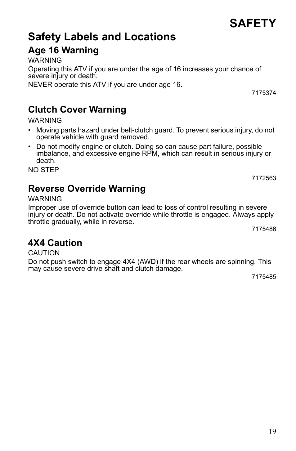 Safety, Safety labels and locations, Age 16 warning | Clutch cover warning, Reverse override warning, 4x4 caution | Polaris Scrambler 4X4 International User Manual | Page 22 / 118