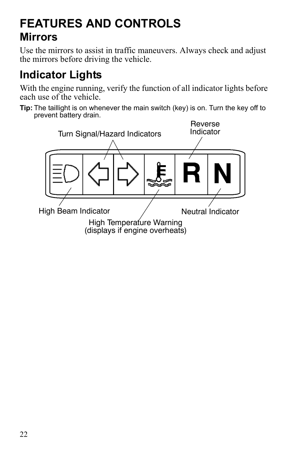 Features and controls, Mirrors, Indicator lights | Polaris Scrambler 4X4 International User Manual | Page 25 / 118