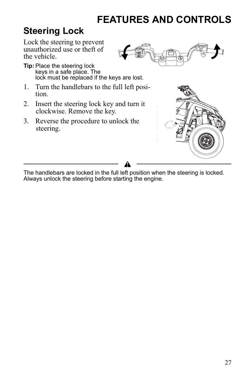 Features and controls, Steering lock | Polaris Scrambler 4X4 International User Manual | Page 30 / 118