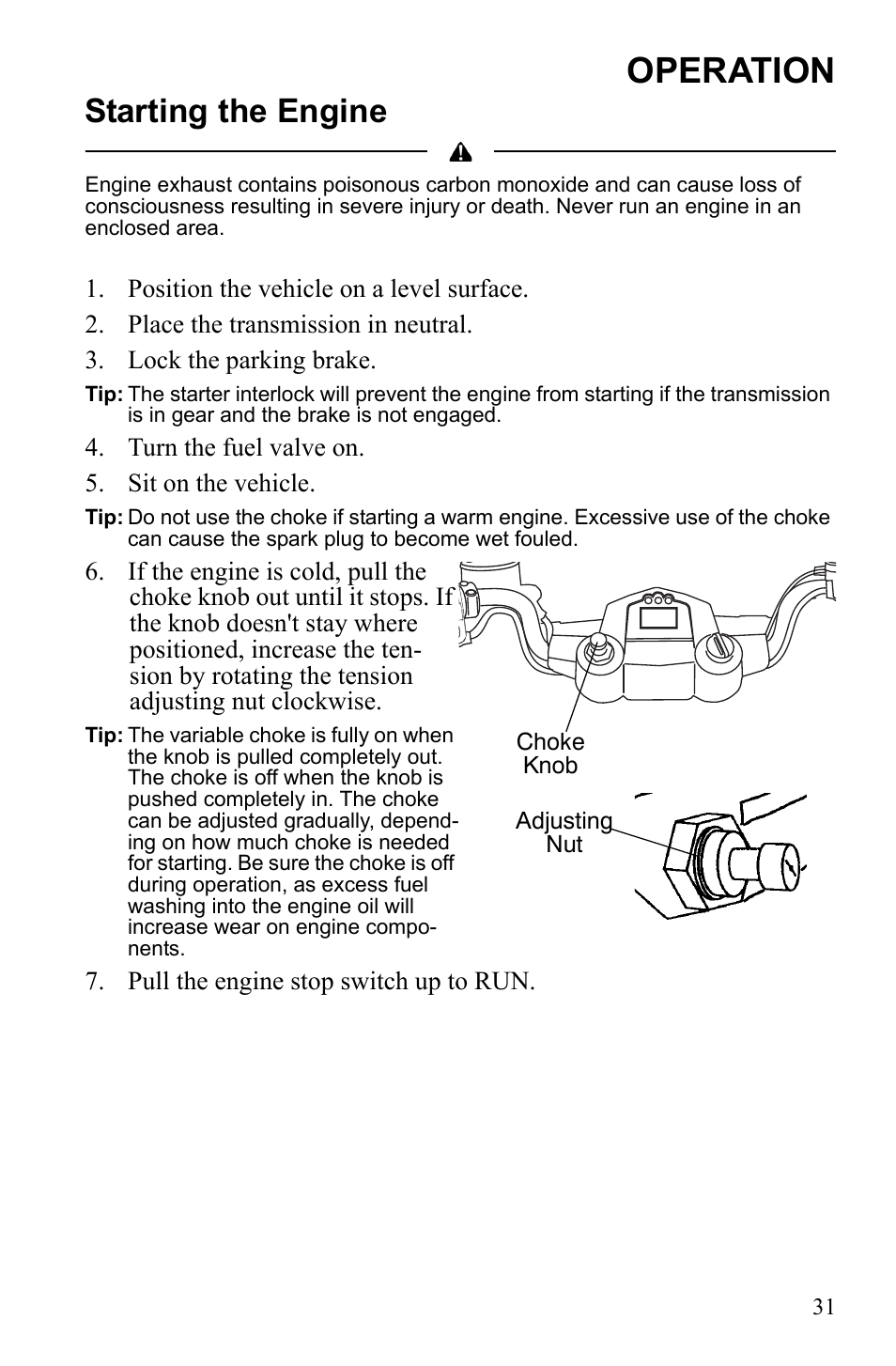 Operation, Starting the engine | Polaris Scrambler 4X4 International User Manual | Page 34 / 118