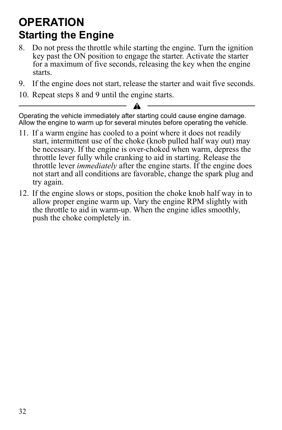 Operation, Starting the engine | Polaris Scrambler 4X4 International User Manual | Page 35 / 118