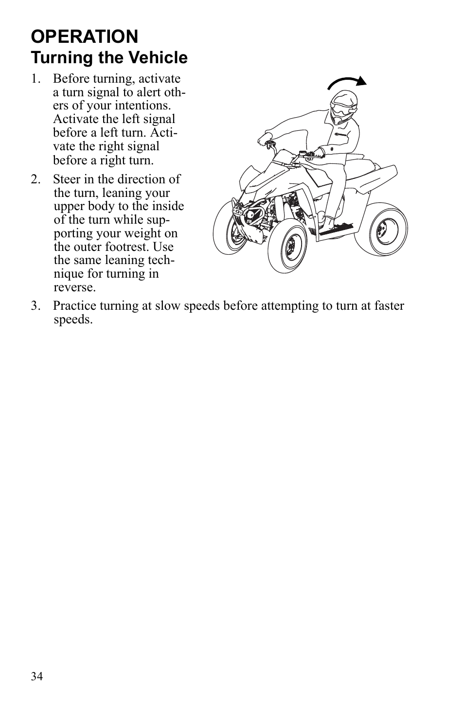 Operation, Turning the vehicle | Polaris Scrambler 4X4 International User Manual | Page 37 / 118