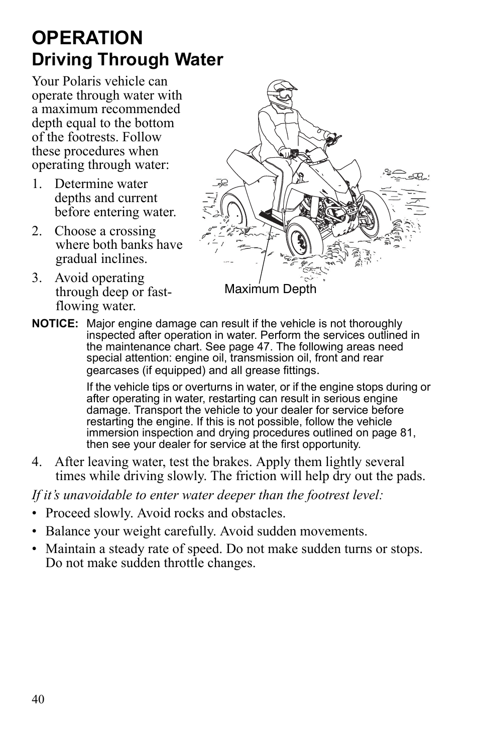 Operation, Driving through water | Polaris Scrambler 4X4 International User Manual | Page 43 / 118
