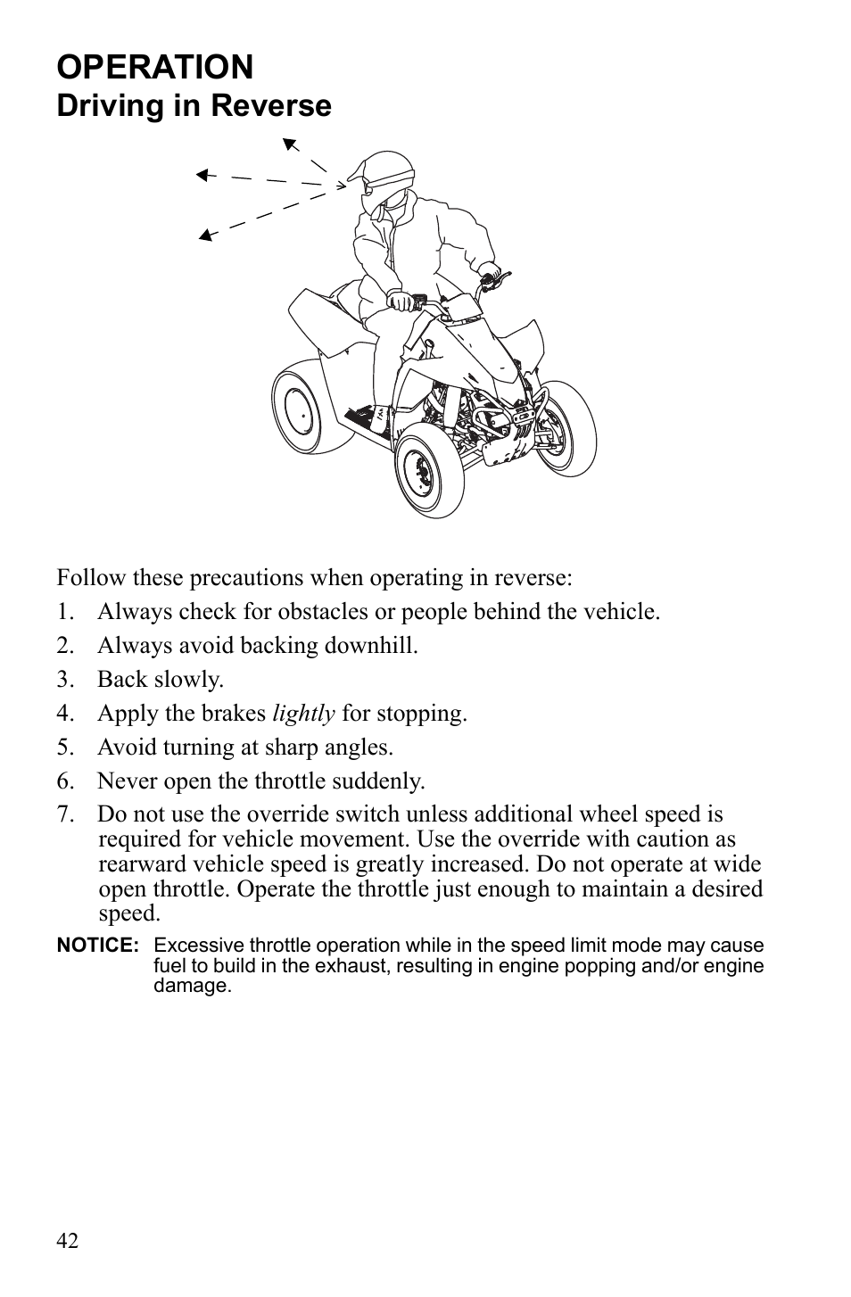 Operation, Driving in reverse | Polaris Scrambler 4X4 International User Manual | Page 45 / 118