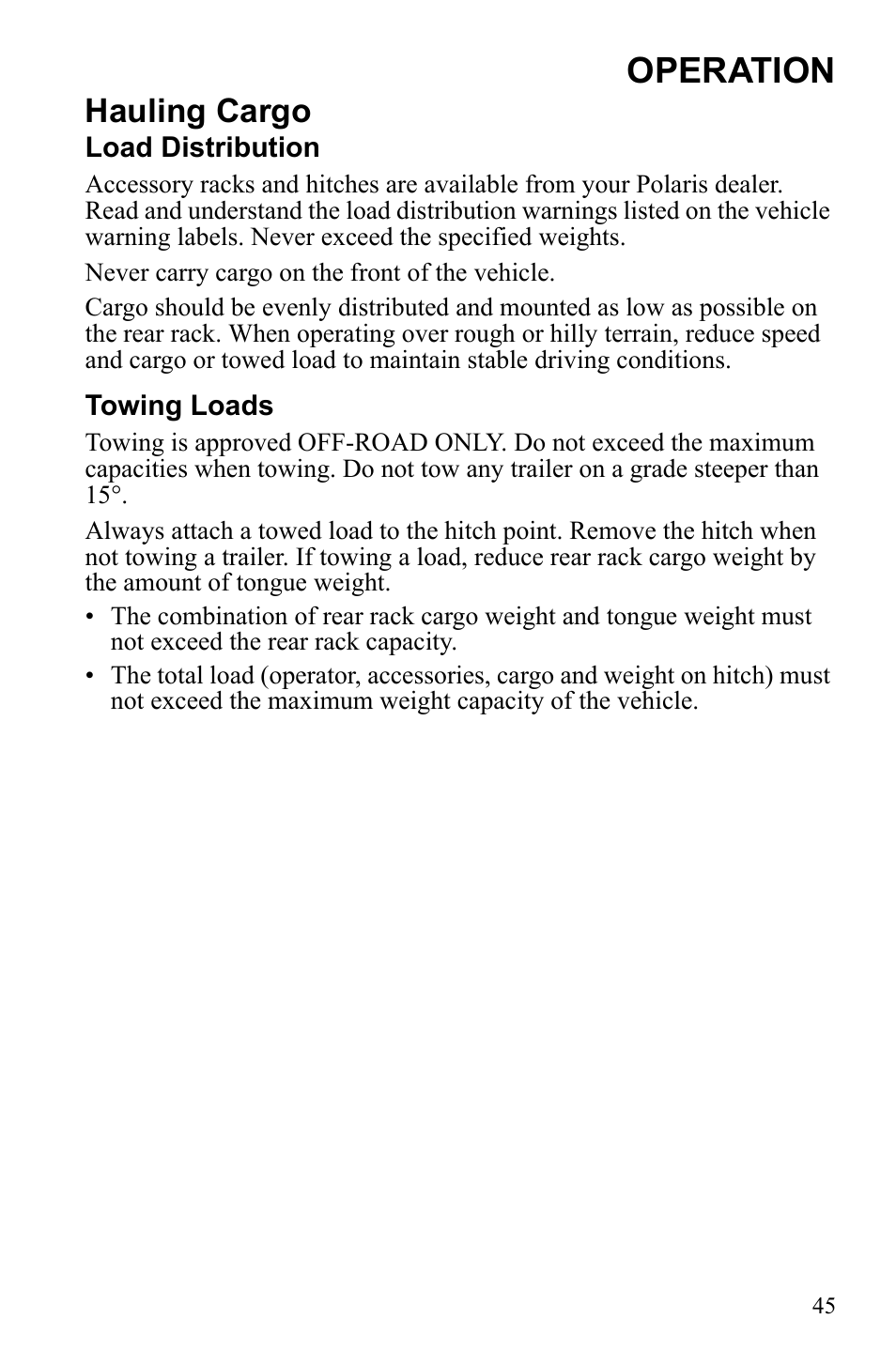 Operation, Hauling cargo | Polaris Scrambler 4X4 International User Manual | Page 48 / 118