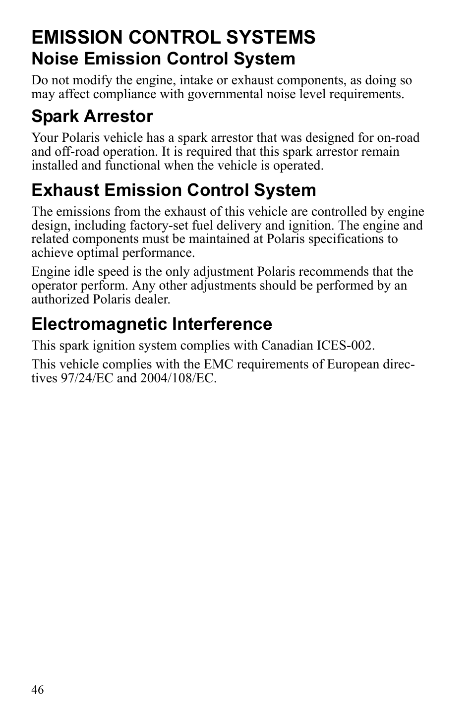 Emission control systems, Noise emission control system, Spark arrestor | Exhaust emission control system, Electromagnetic interference | Polaris Scrambler 4X4 International User Manual | Page 49 / 118