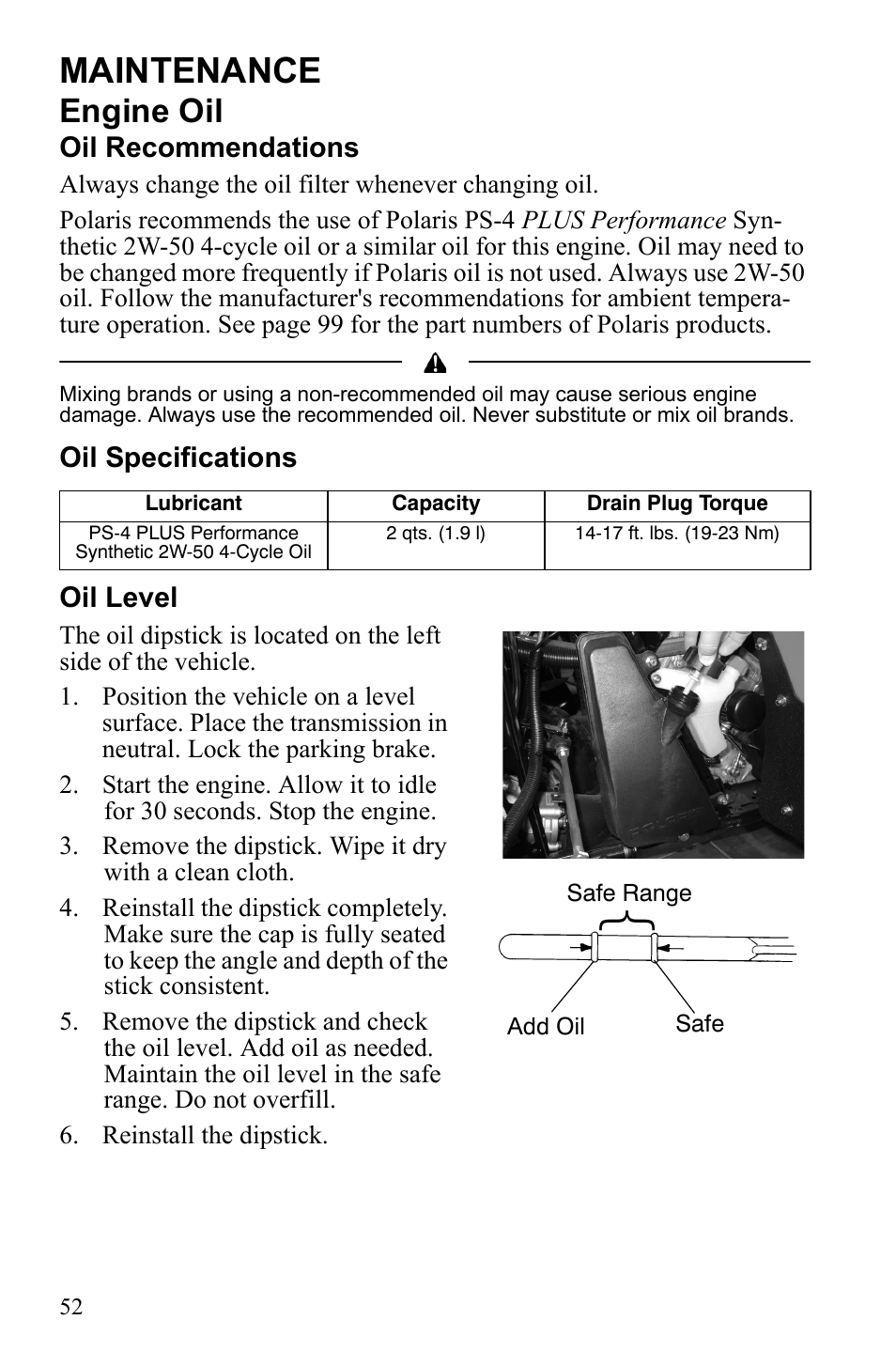 Maintenance, Engine oil | Polaris Scrambler 4X4 International User Manual | Page 55 / 118