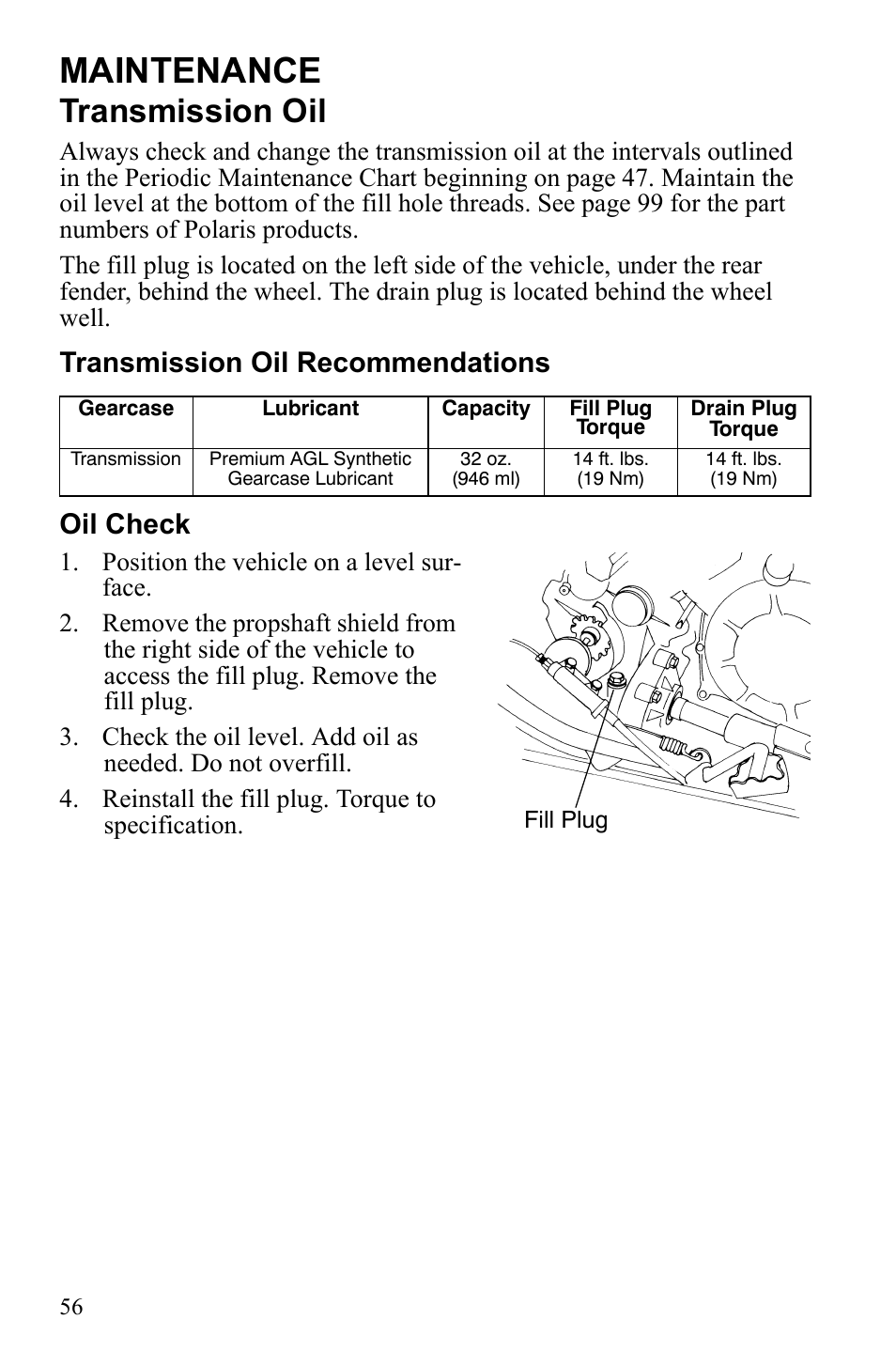 Maintenance, Transmission oil, Transmission oil recommendations oil check | Polaris Scrambler 4X4 International User Manual | Page 59 / 118