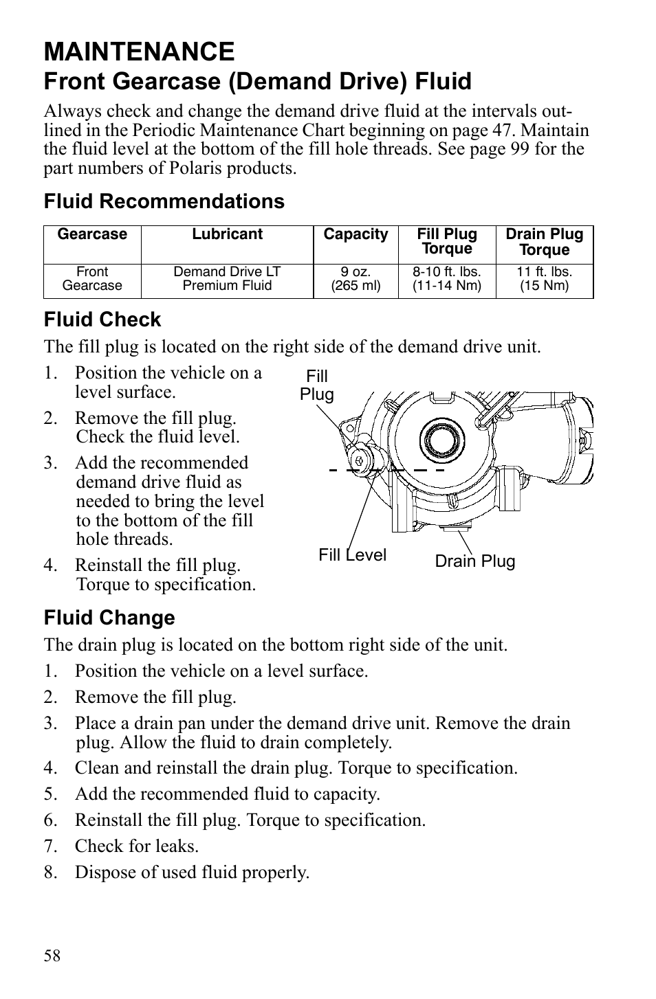 Maintenance, Front gearcase (demand drive) fluid, Fluid recommendations fluid check | Fluid change | Polaris Scrambler 4X4 International User Manual | Page 61 / 118