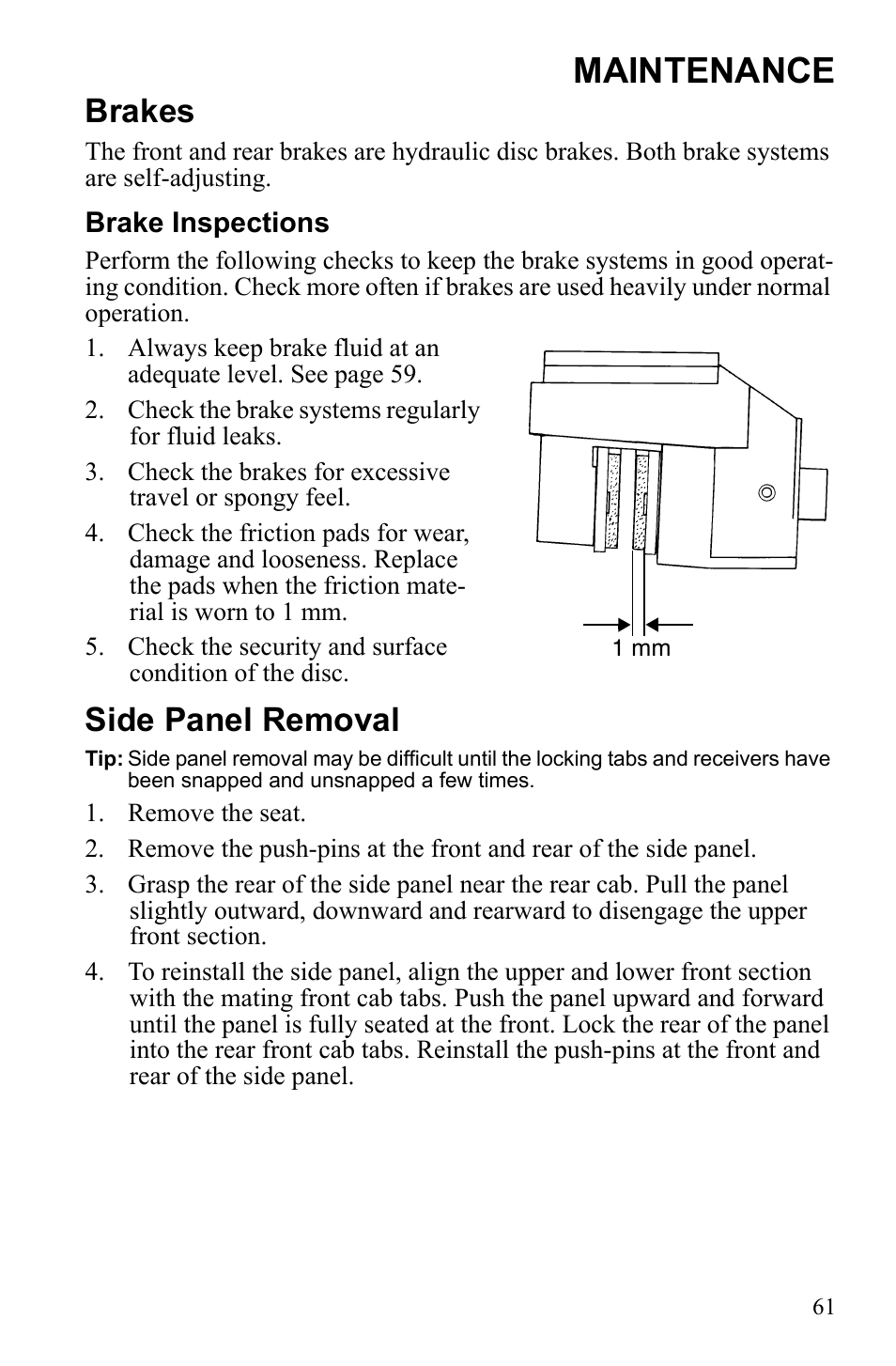 Maintenance, Brakes, Side panel removal | Polaris Scrambler 4X4 International User Manual | Page 64 / 118
