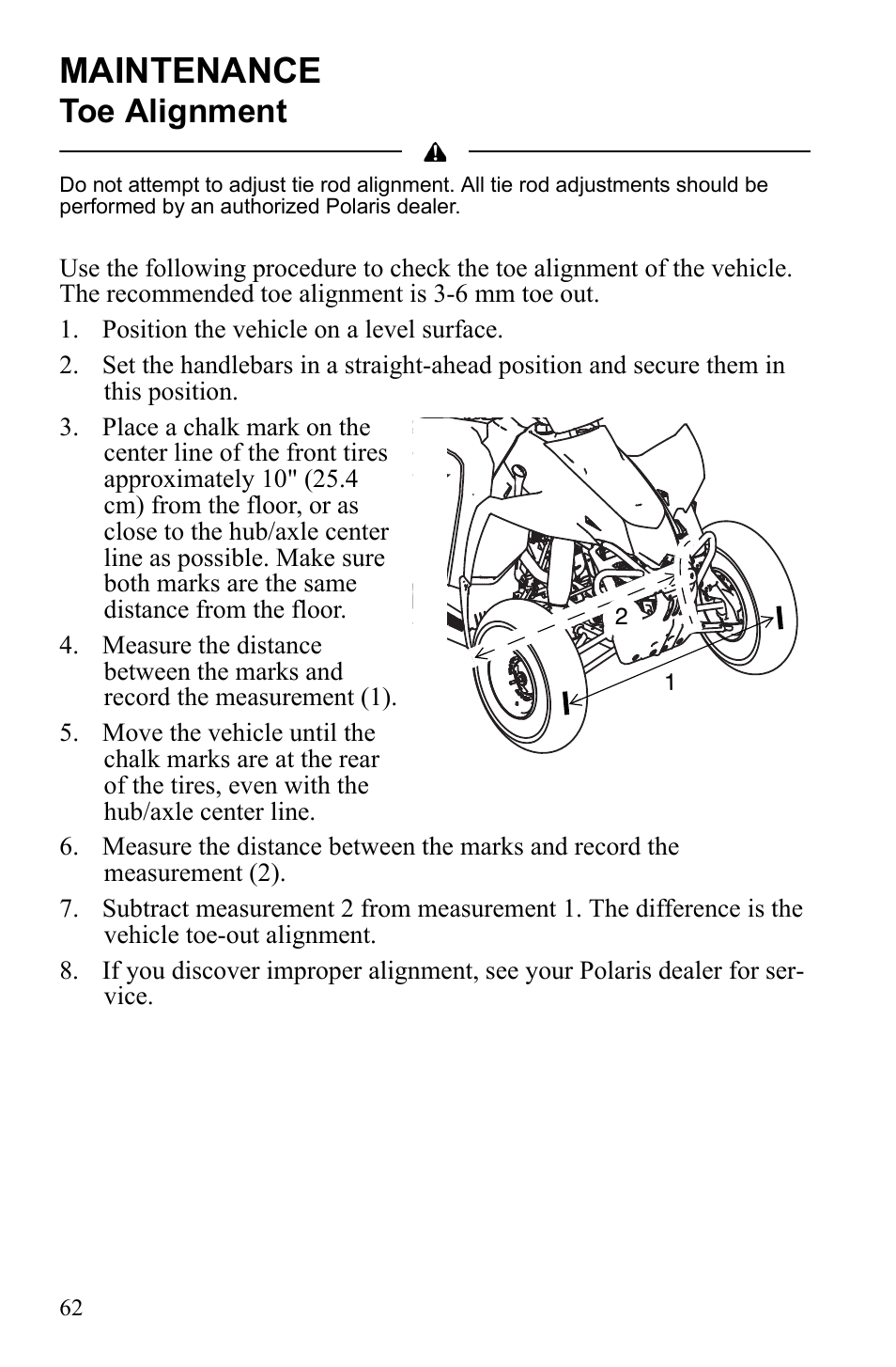 Maintenance, Toe alignment | Polaris Scrambler 4X4 International User Manual | Page 65 / 118