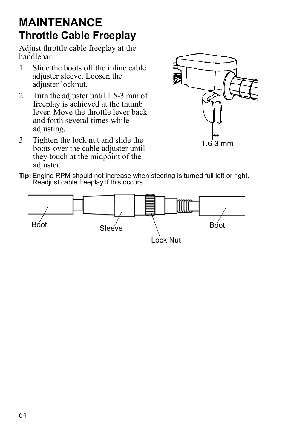 Maintenance, Throttle cable freeplay | Polaris Scrambler 4X4 International User Manual | Page 67 / 118