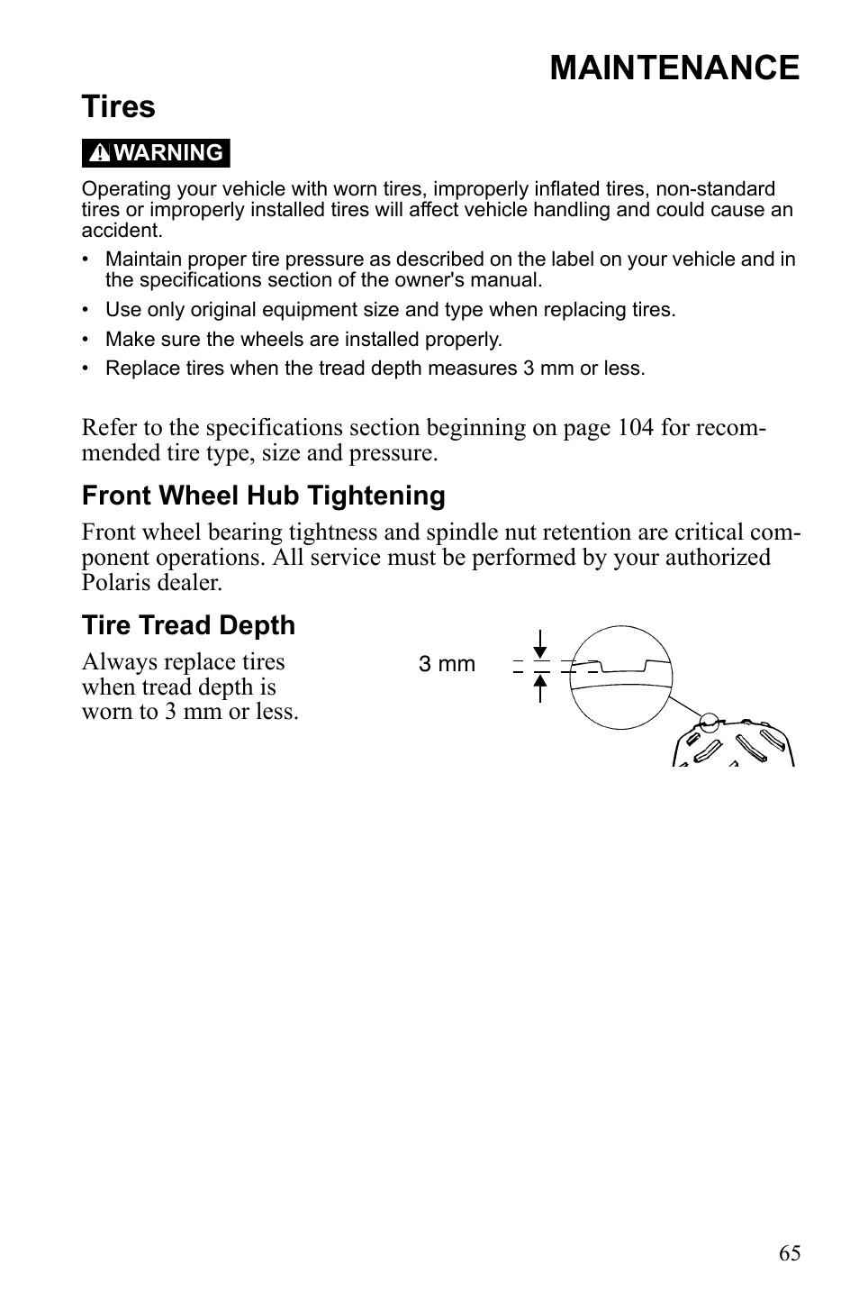 Maintenance, Tires | Polaris Scrambler 4X4 International User Manual | Page 68 / 118