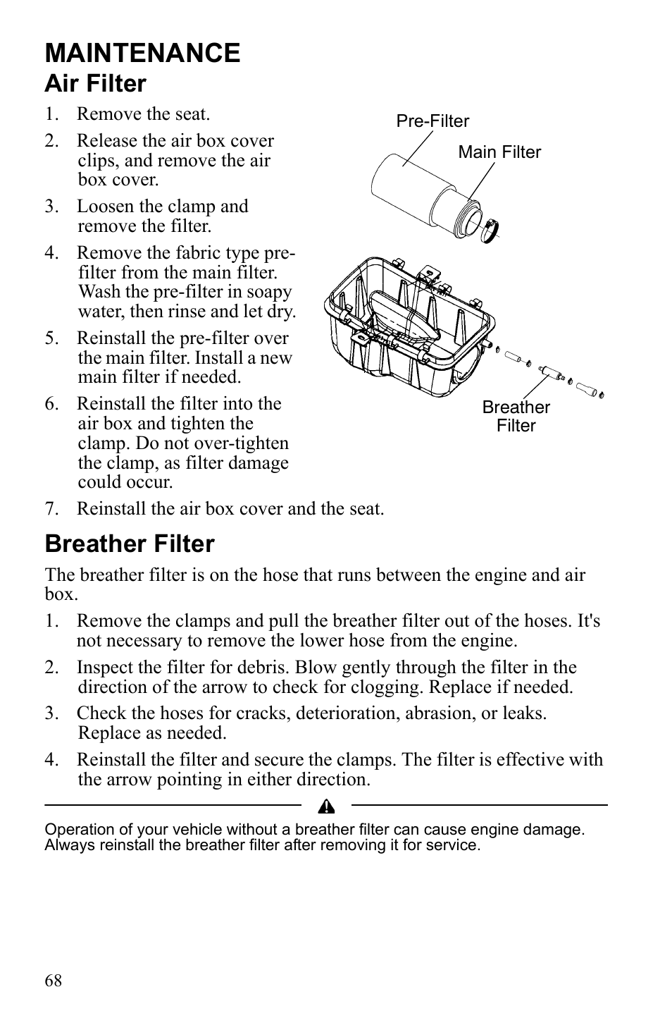 Maintenance, Air filter, Breather filter | Polaris Scrambler 4X4 International User Manual | Page 71 / 118