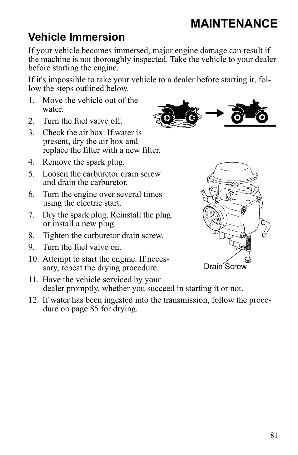 Maintenance, Vehicle immersion | Polaris Scrambler 4X4 International User Manual | Page 84 / 118