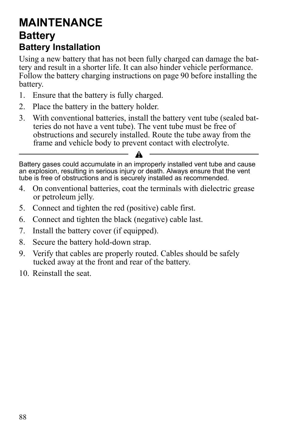 Maintenance, Battery | Polaris Scrambler 4X4 International User Manual | Page 91 / 118