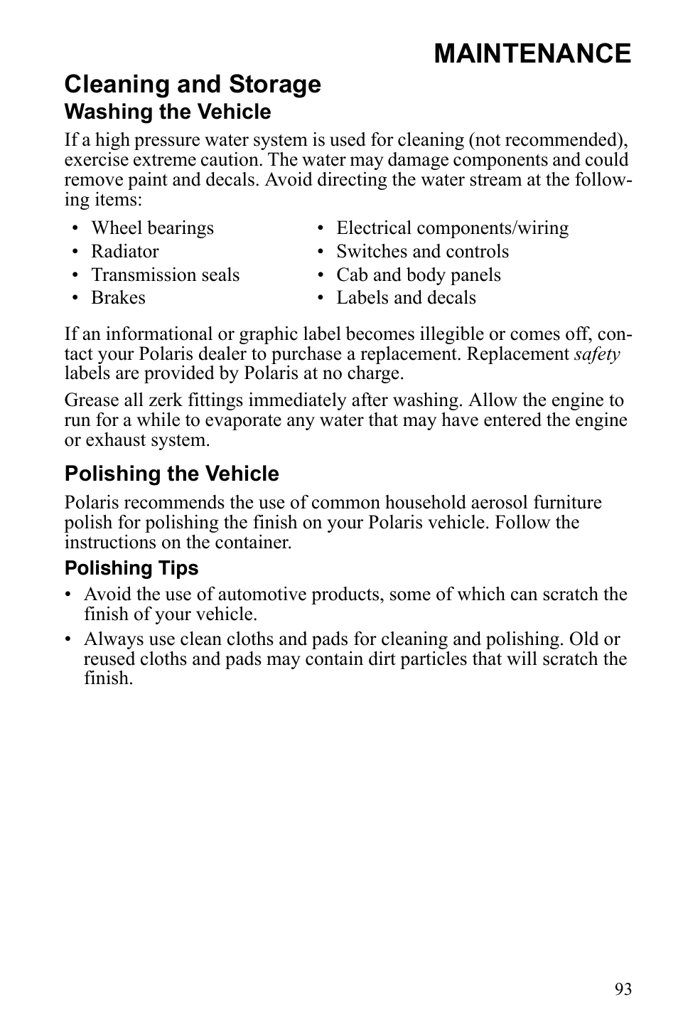 Maintenance, Cleaning and storage | Polaris Scrambler 4X4 International User Manual | Page 96 / 118