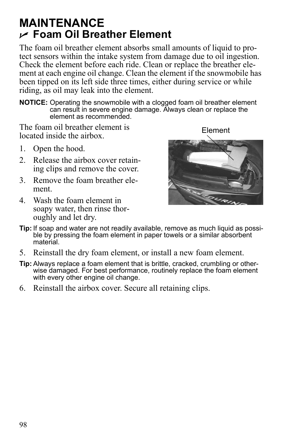 Maintenance, Foam oil breather element | Polaris IQ Turbo Dragon User Manual | Page 101 / 159