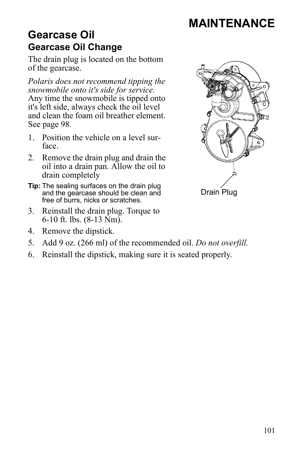 Maintenance, Gearcase oil | Polaris IQ Turbo Dragon User Manual | Page 104 / 159