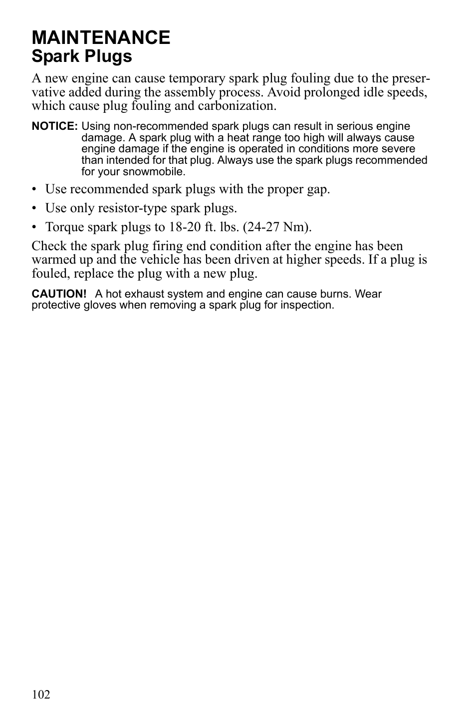 Maintenance, Spark plugs | Polaris IQ Turbo Dragon User Manual | Page 105 / 159