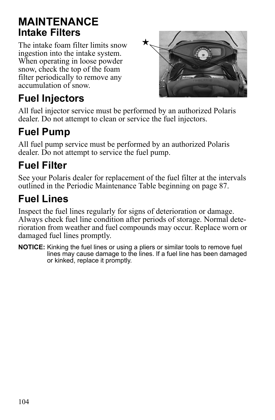 Maintenance, Intake filters, Fuel injectors | Fuel pump, Fuel filter, Fuel lines | Polaris IQ Turbo Dragon User Manual | Page 107 / 159