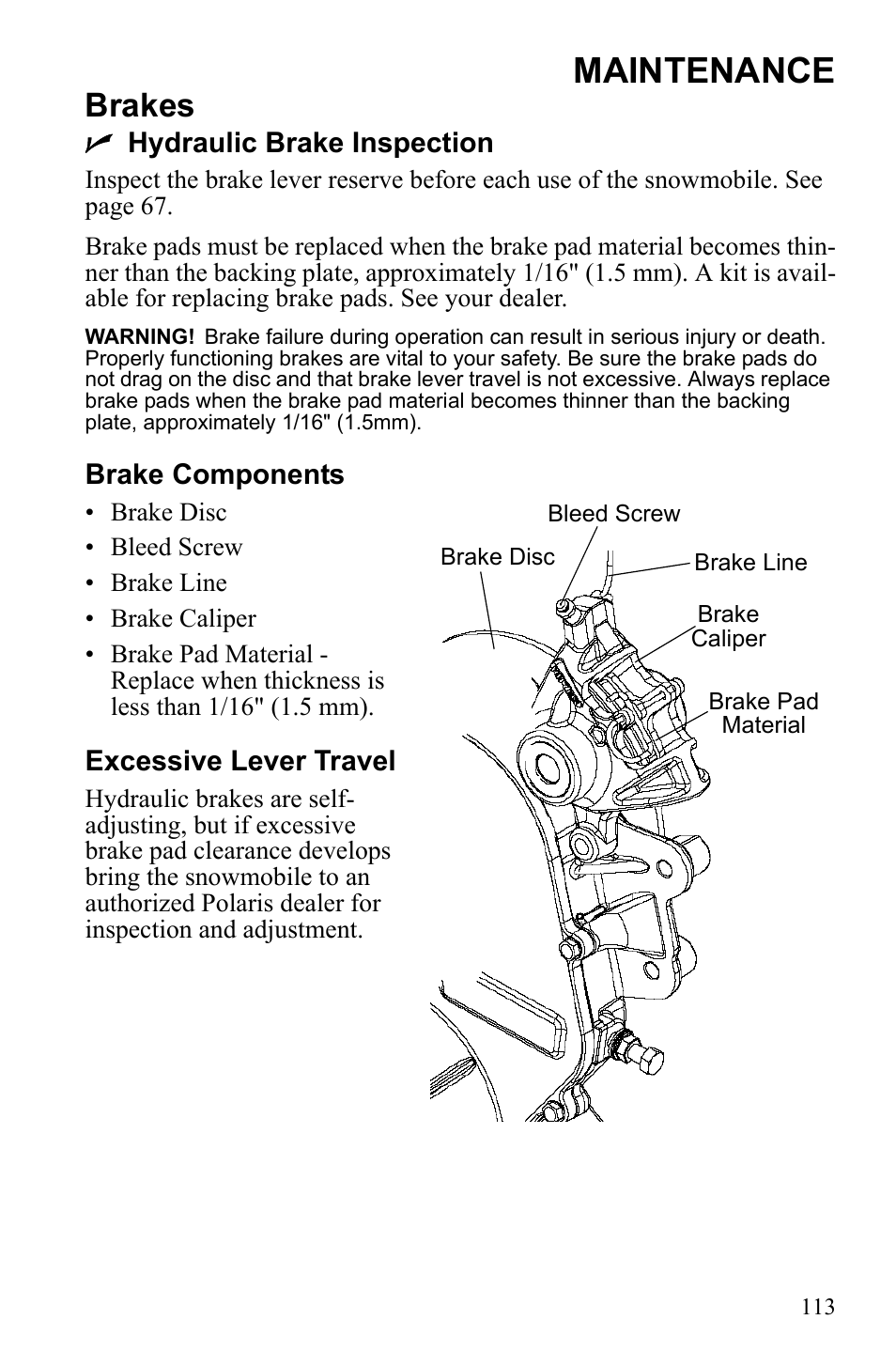 Maintenance, Brakes | Polaris IQ Turbo Dragon User Manual | Page 116 / 159
