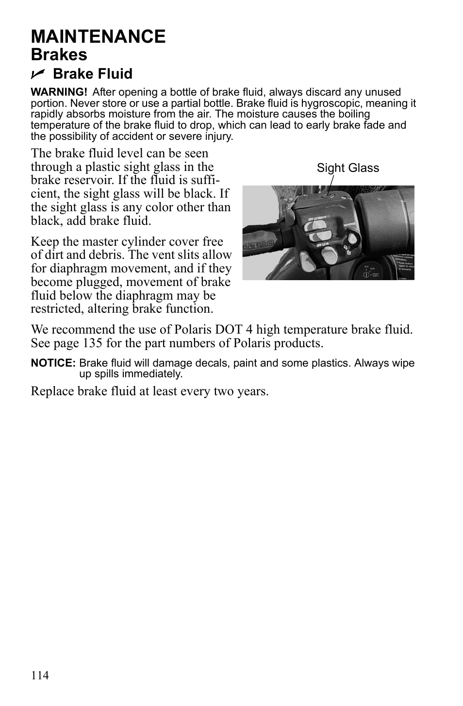 Maintenance, Brakes, Nbrake fluid | Polaris IQ Turbo Dragon User Manual | Page 117 / 159