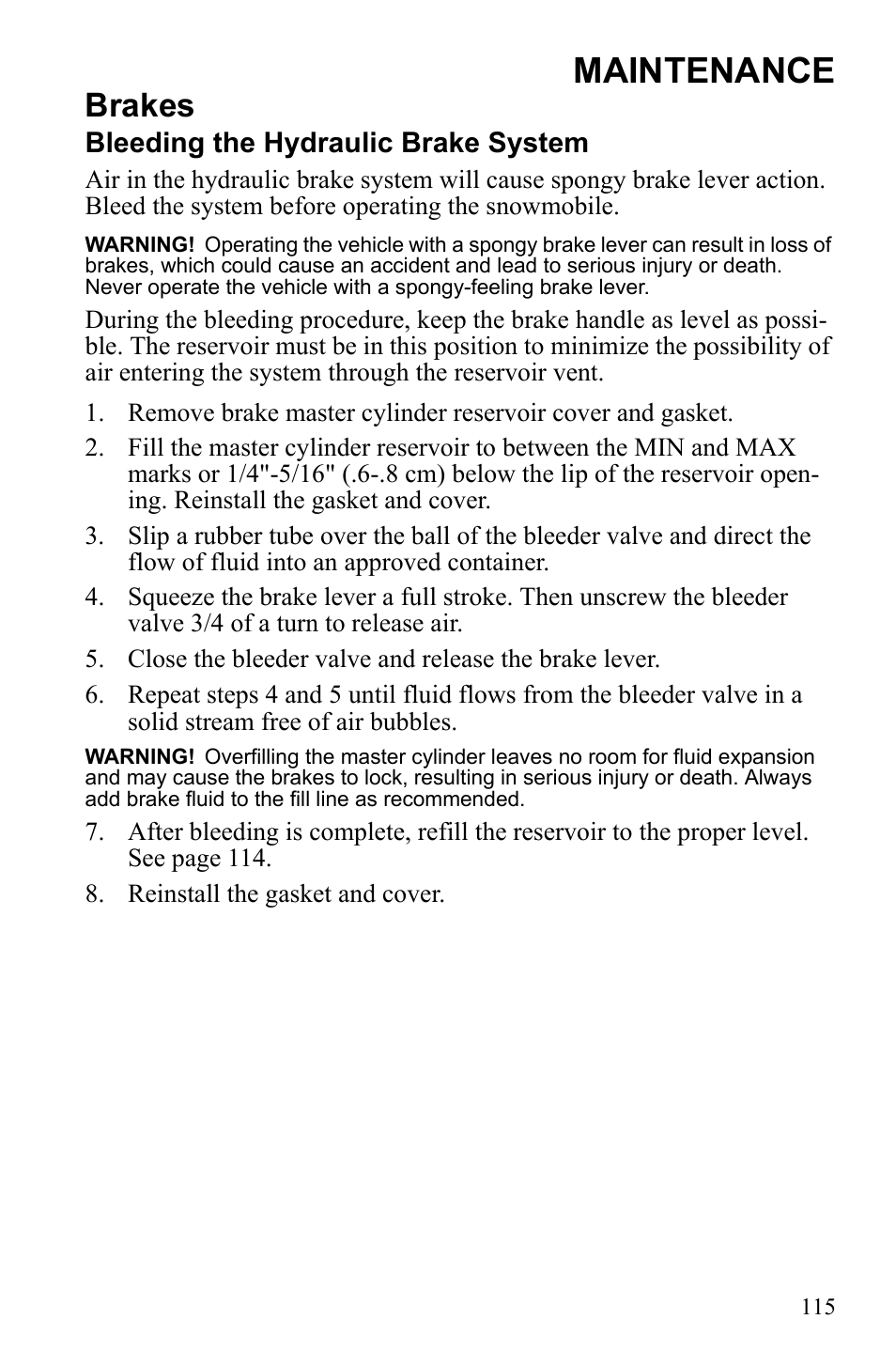 Maintenance, Brakes | Polaris IQ Turbo Dragon User Manual | Page 118 / 159