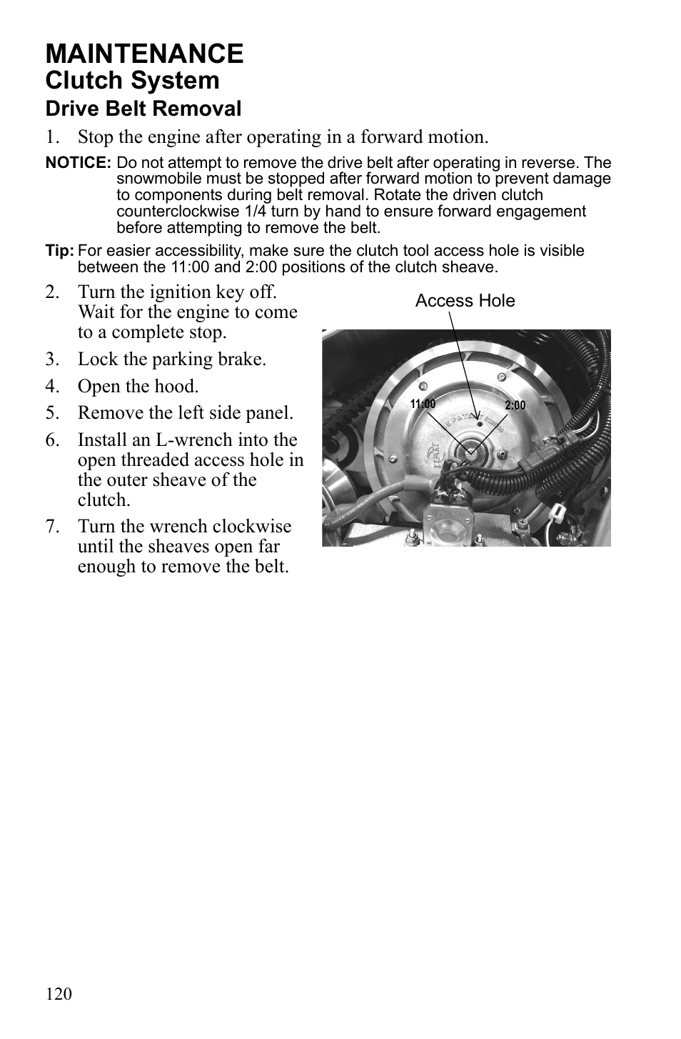 Maintenance, Clutch system, Drive belt removal | Polaris IQ Turbo Dragon User Manual | Page 123 / 159