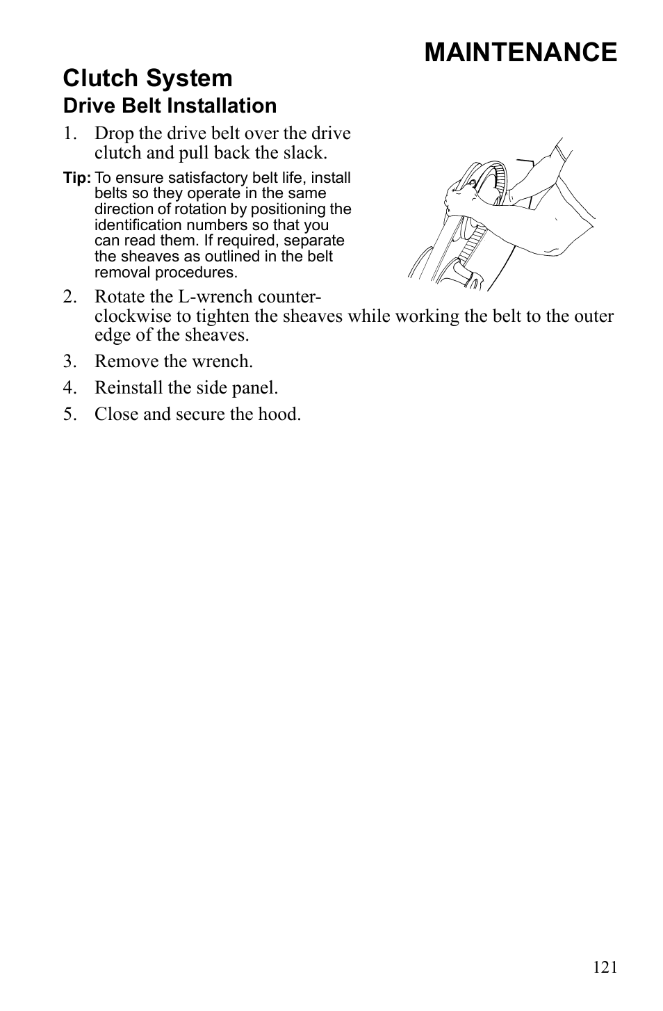 Maintenance, Clutch system, Drive belt installation | Polaris IQ Turbo Dragon User Manual | Page 124 / 159