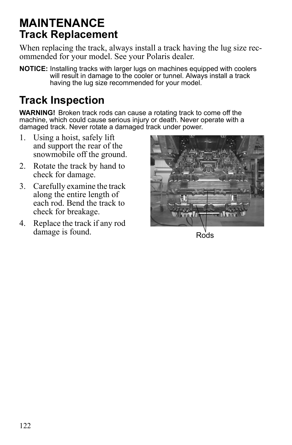 Maintenance, Track replacement, Track inspection | Polaris IQ Turbo Dragon User Manual | Page 125 / 159